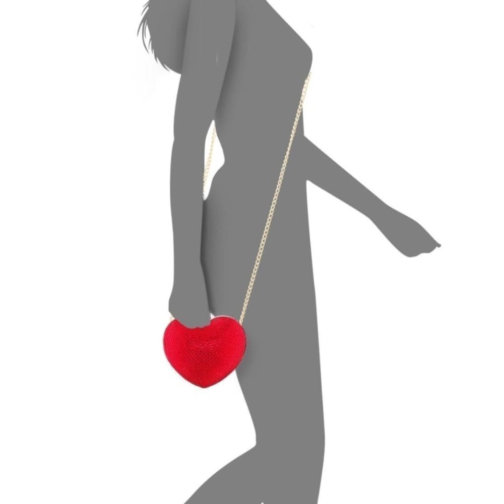 Red Heart-Shaped Crossbody Bag With Red Crystals